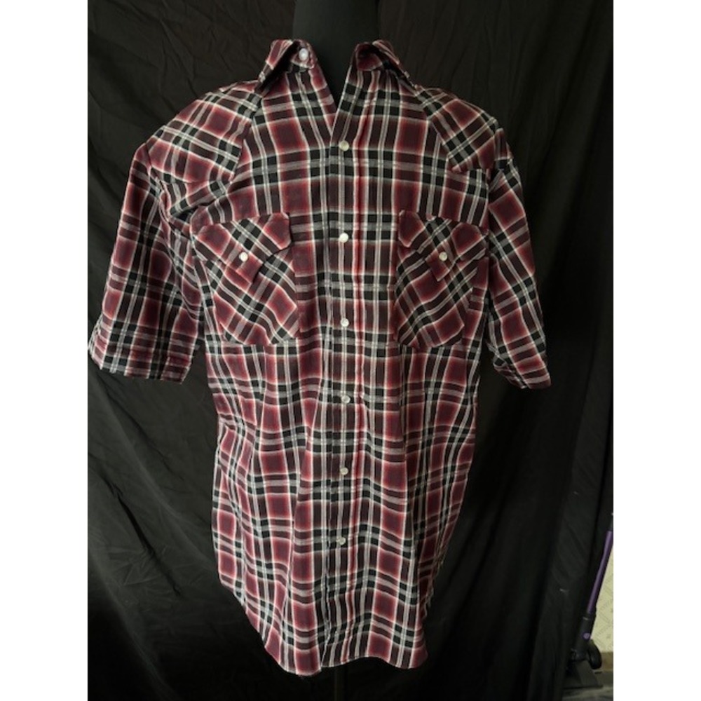 Ely Cattleman Mens Plaid Western Pearl Snap Short Sleeve Shirt Burgundy Black M